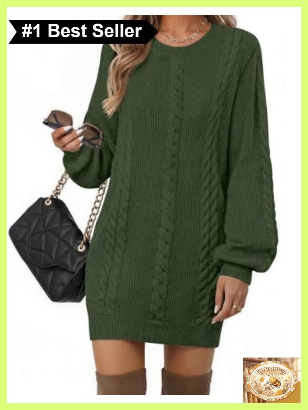 Puff Sleeve Sweater Dress Long Sleeve Bodycon Below Knee Cable Knit